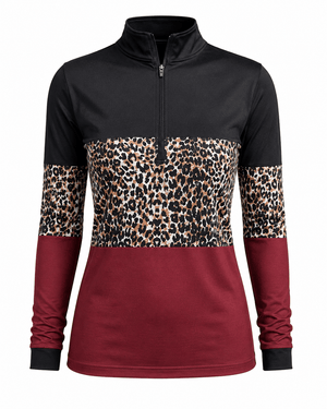 ILTEX Apparel Women's Clothing Cheetah Burgundy Black Quarter Zip Top