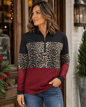 ILTEX Apparel Women's Clothing Cheetah Burgundy Black Quarter Zip Top