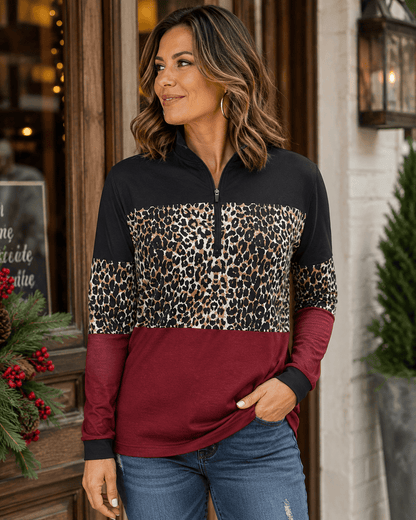 ILTEX Apparel Women's Clothing Cheetah Burgundy Black Quarter Zip Top
