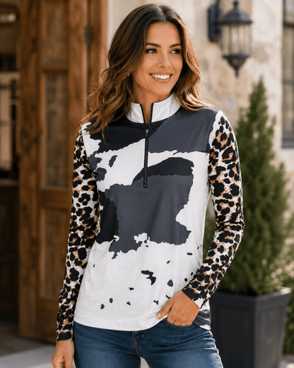 ILTEX Apparel Women's Clothing Cheetah Cow Print Quarter Zip Top