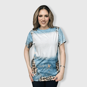 ILTEX Apparel Women's Clothing Cheetah Tiffany Blue Shaded Blank Faux Bleached Top