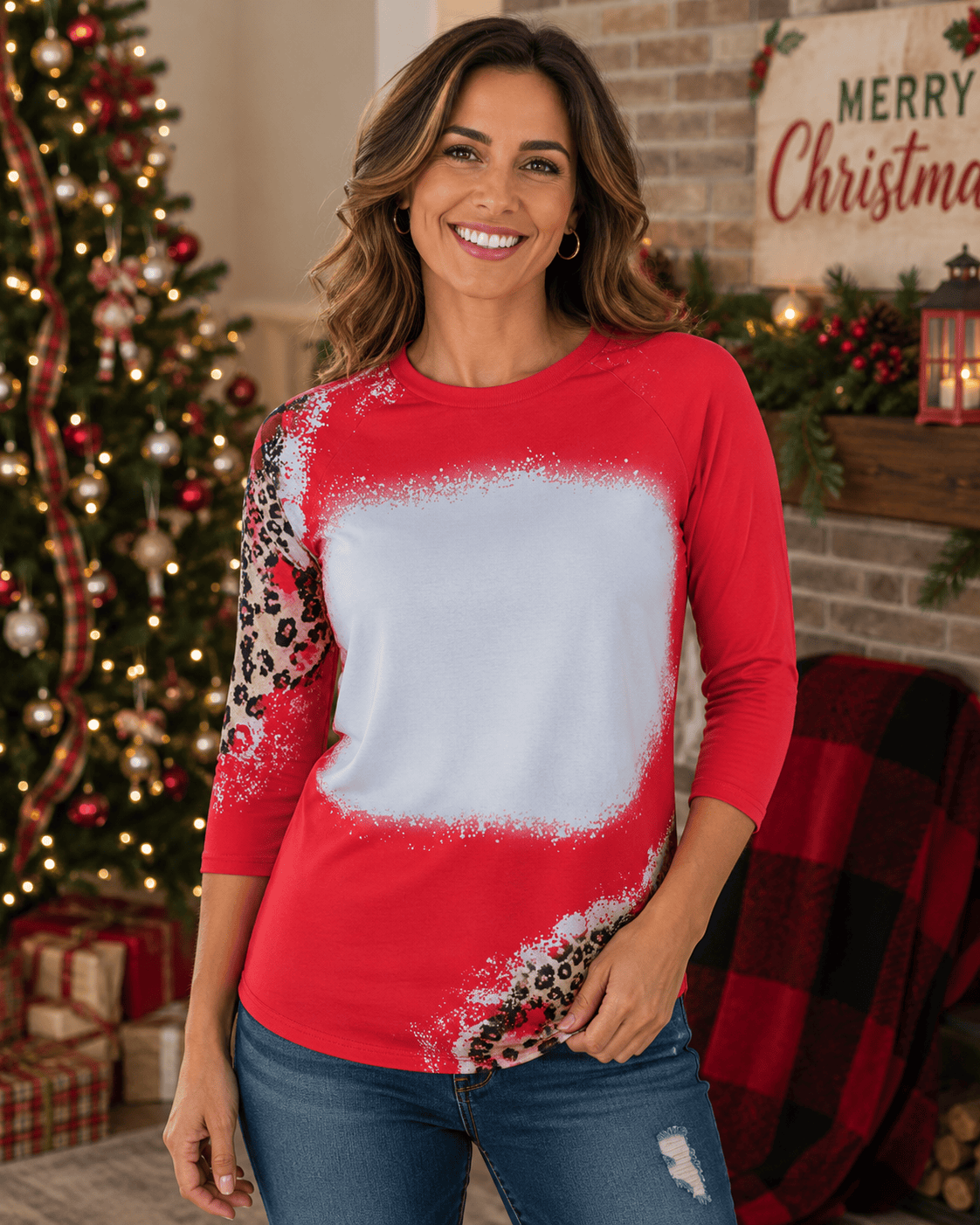 ILTEX Apparel Women's Clothing Christmas Red Plaid Cheetah Raglan Blank Faux Bleached Top