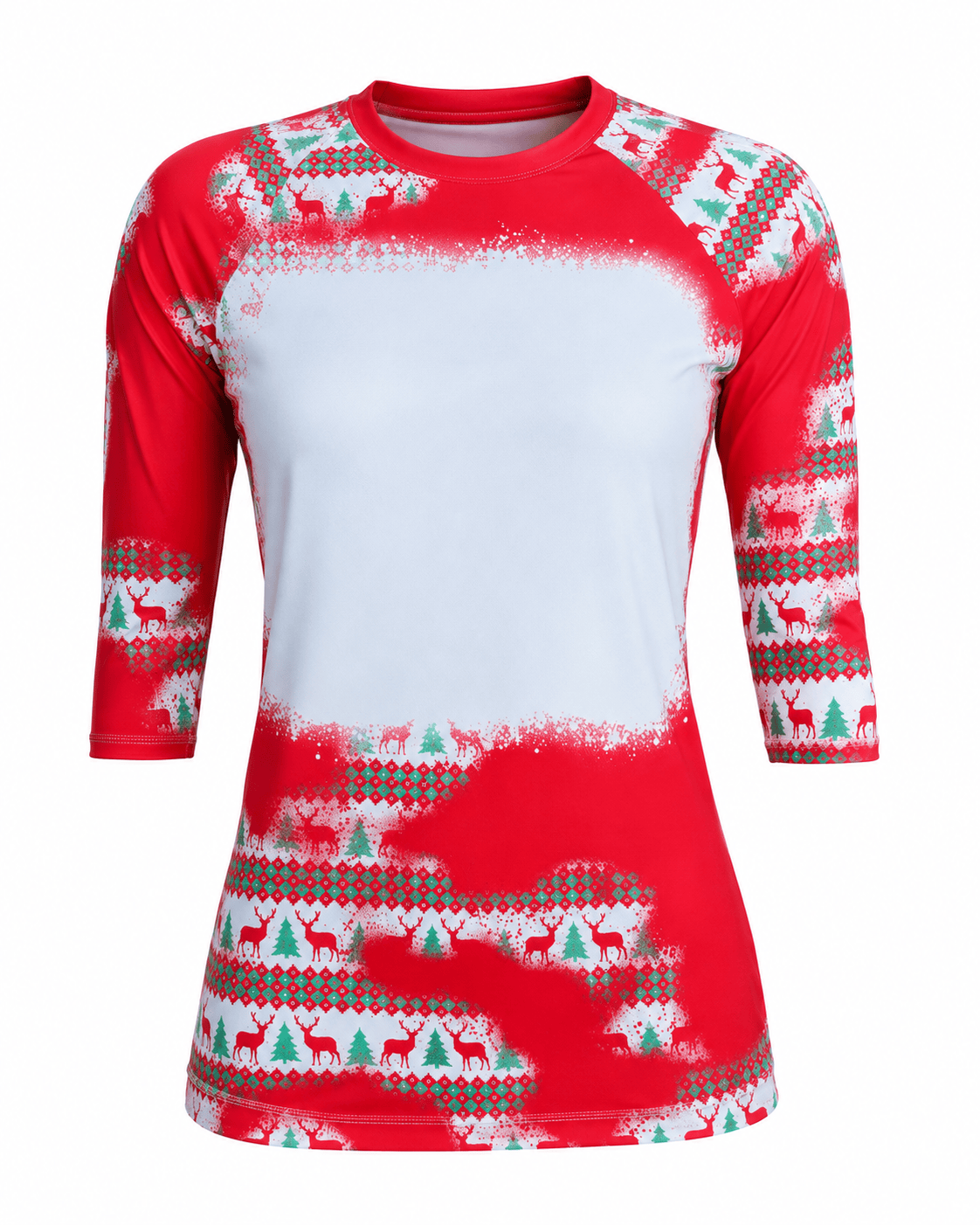 ILTEX Apparel Women's Clothing Christmas Red Reindeer Trees Raglan Blank Faux Bleached Top