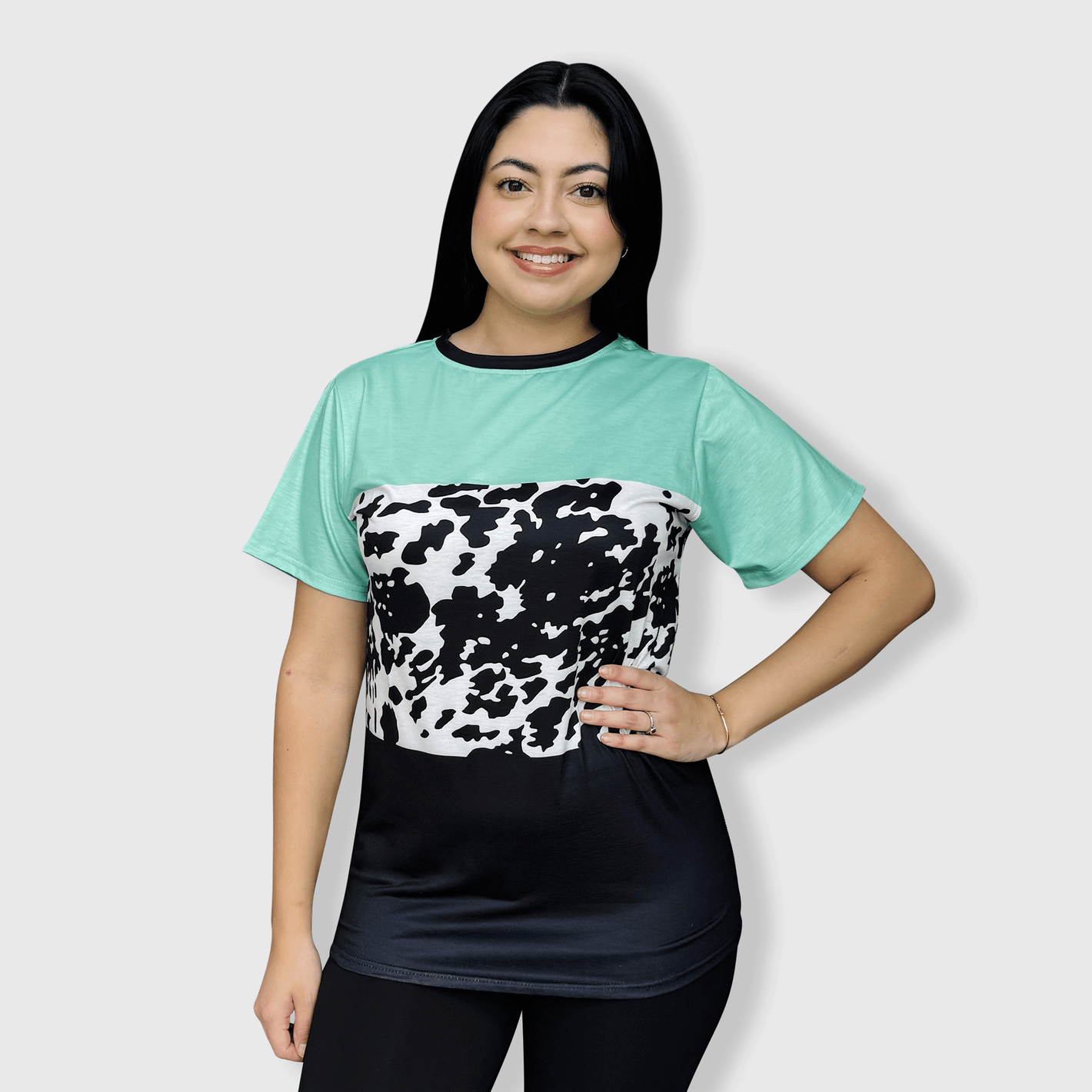 ILTEX Apparel Women's Clothing Color Block Cow Black Mint Top