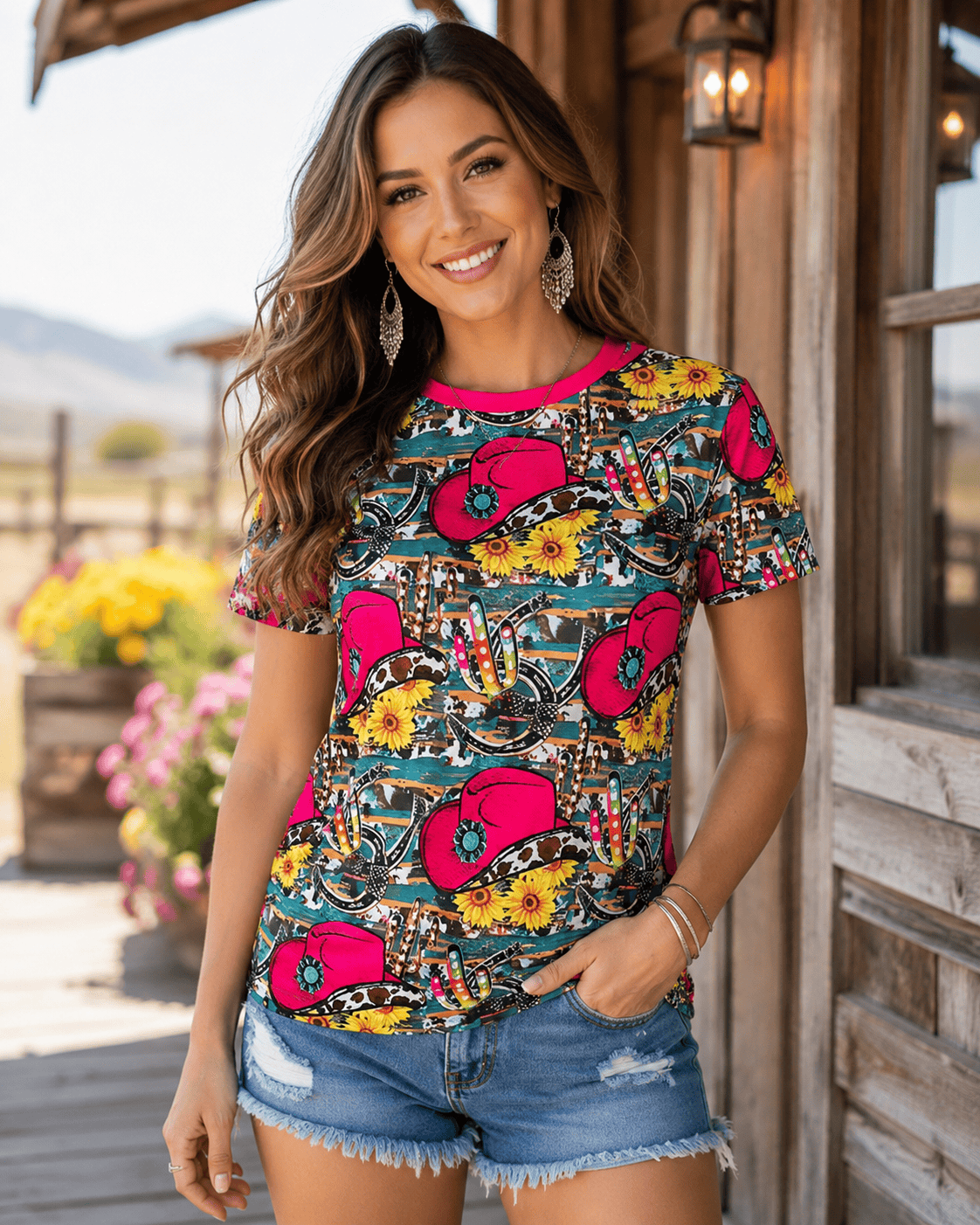 ILTEX Apparel Women's Clothing Cow Girl Hat Cactus Pink Top
