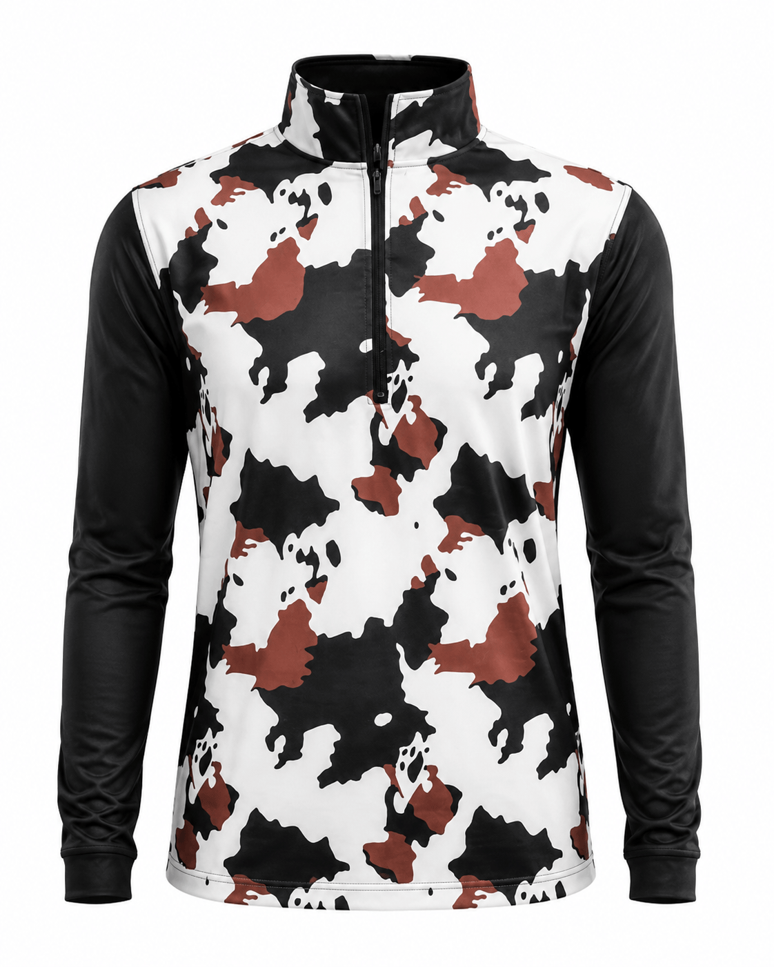 ILTEX Apparel Women's Clothing Cow Print Black Brown Quarter Zip Top