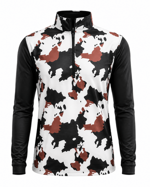 ILTEX Apparel Women's Clothing Cow Print Black Brown Quarter Zip Top