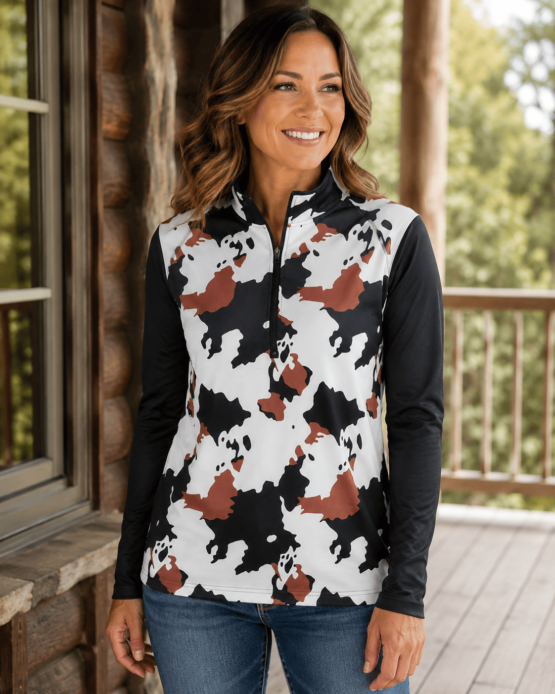 ILTEX Apparel Women's Clothing Cow Print Black Brown Quarter Zip Top