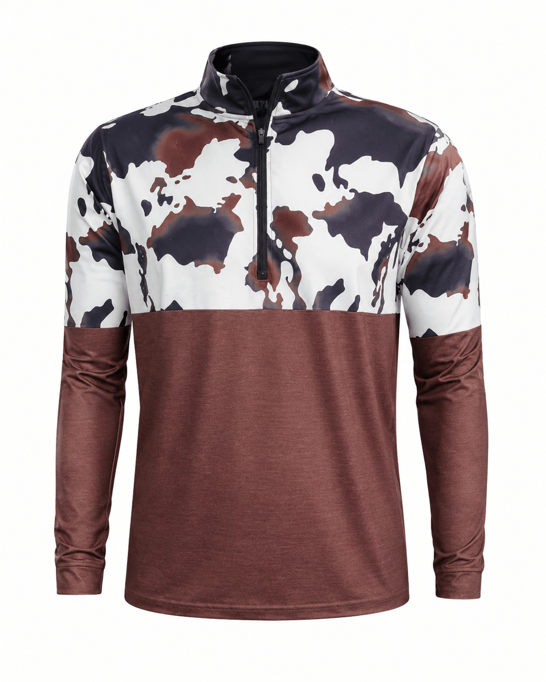 ILTEX Apparel Women's Clothing Cow Print Color Block Brown Quarter Zip Top