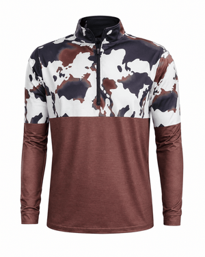 ILTEX Apparel Women's Clothing Cow Print Color Block Brown Quarter Zip Top