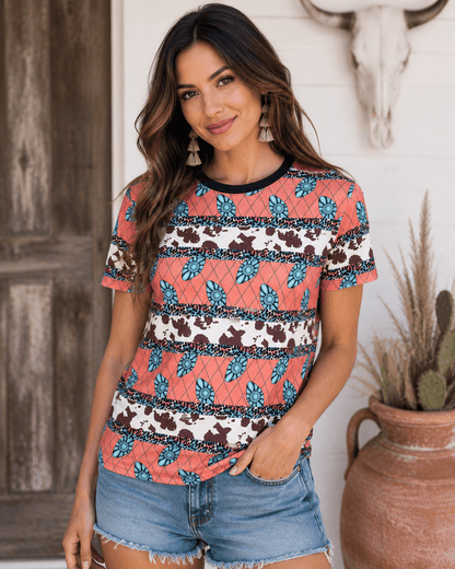 ILTEX Apparel Women's Clothing Cow Turquoise Gemstones Striped Top
