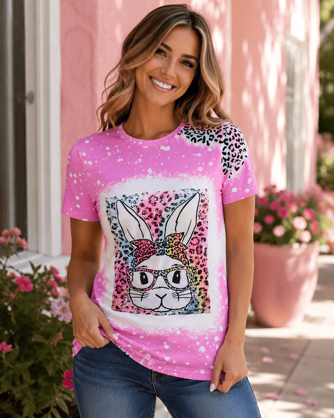 ILTEX Apparel Women's Clothing Easter Bunny Pink Cheetah Top