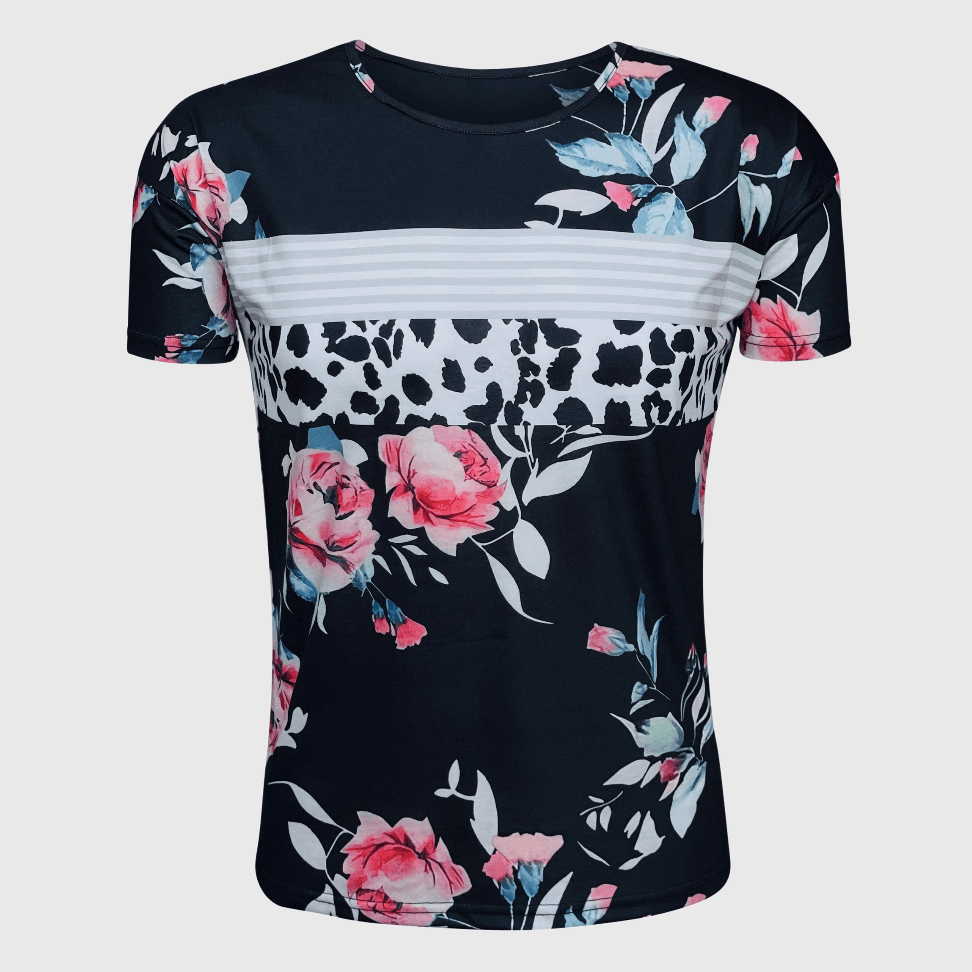 ILTEX Apparel Women's Clothing Floral Black Striped Cow Top