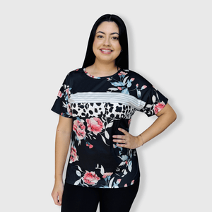 ILTEX Apparel Women's Clothing Floral Black Striped Cow Top