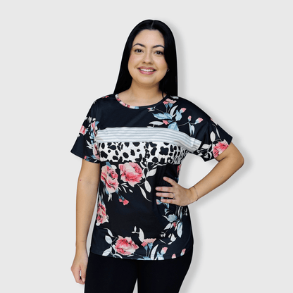 ILTEX Apparel Women's Clothing Floral Black Striped Cow Top