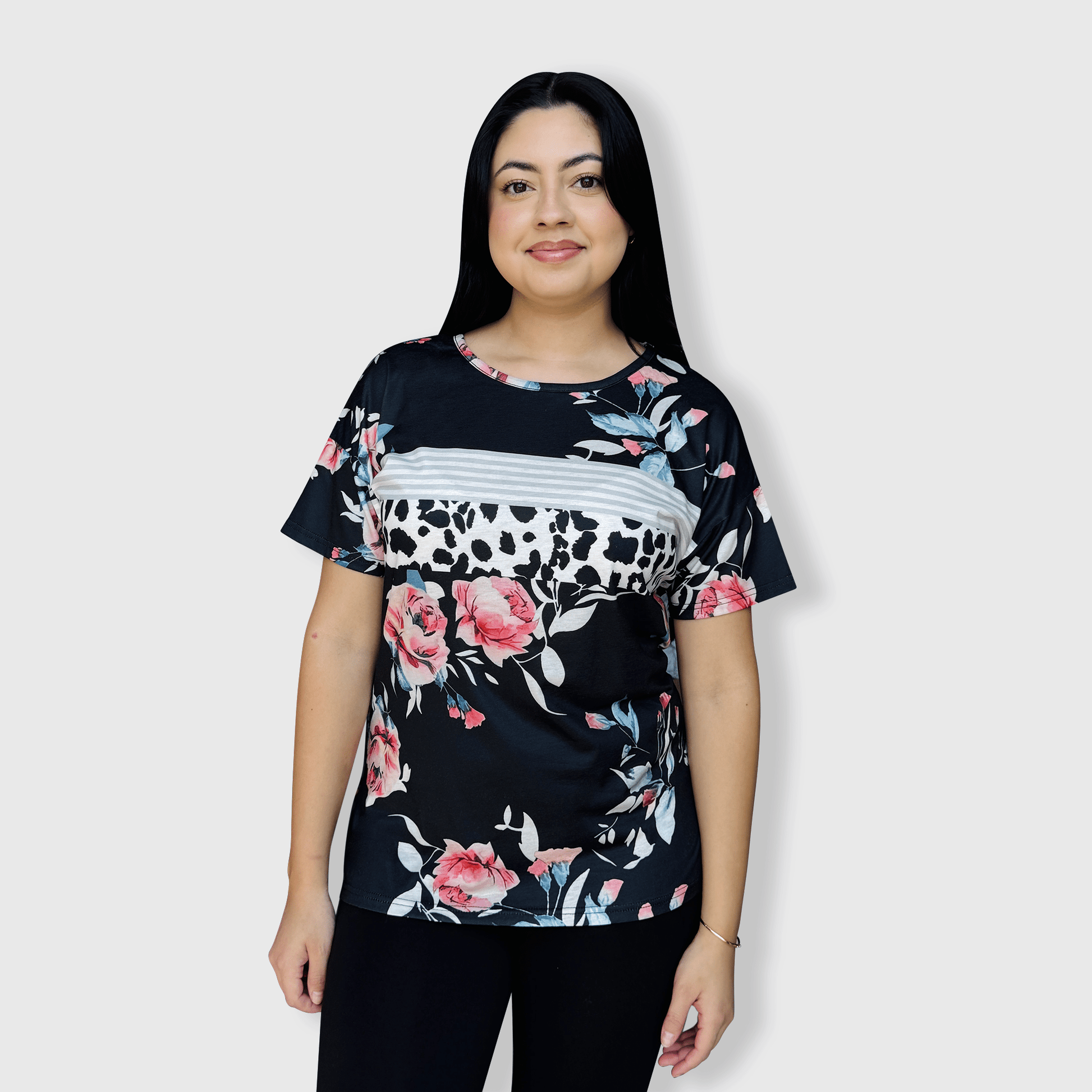 ILTEX Apparel Women's Clothing Floral Black Striped Cow Top
