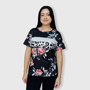 ILTEX Apparel Women's Clothing Floral Black Striped Cow Top