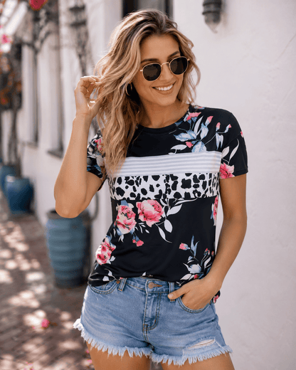 ILTEX Apparel Women's Clothing Floral Black Striped Cow Top