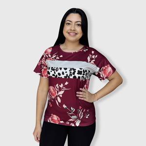 ILTEX Apparel Women's Clothing Floral Burgundy Striped Cow Top