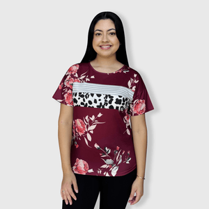 ILTEX Apparel Women's Clothing Floral Burgundy Striped Cow Top