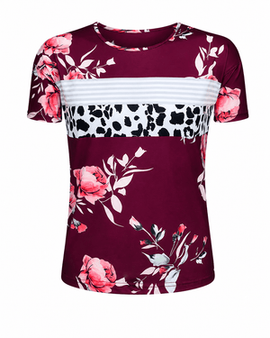ILTEX Apparel Women's Clothing Floral Burgundy Striped Cow Top