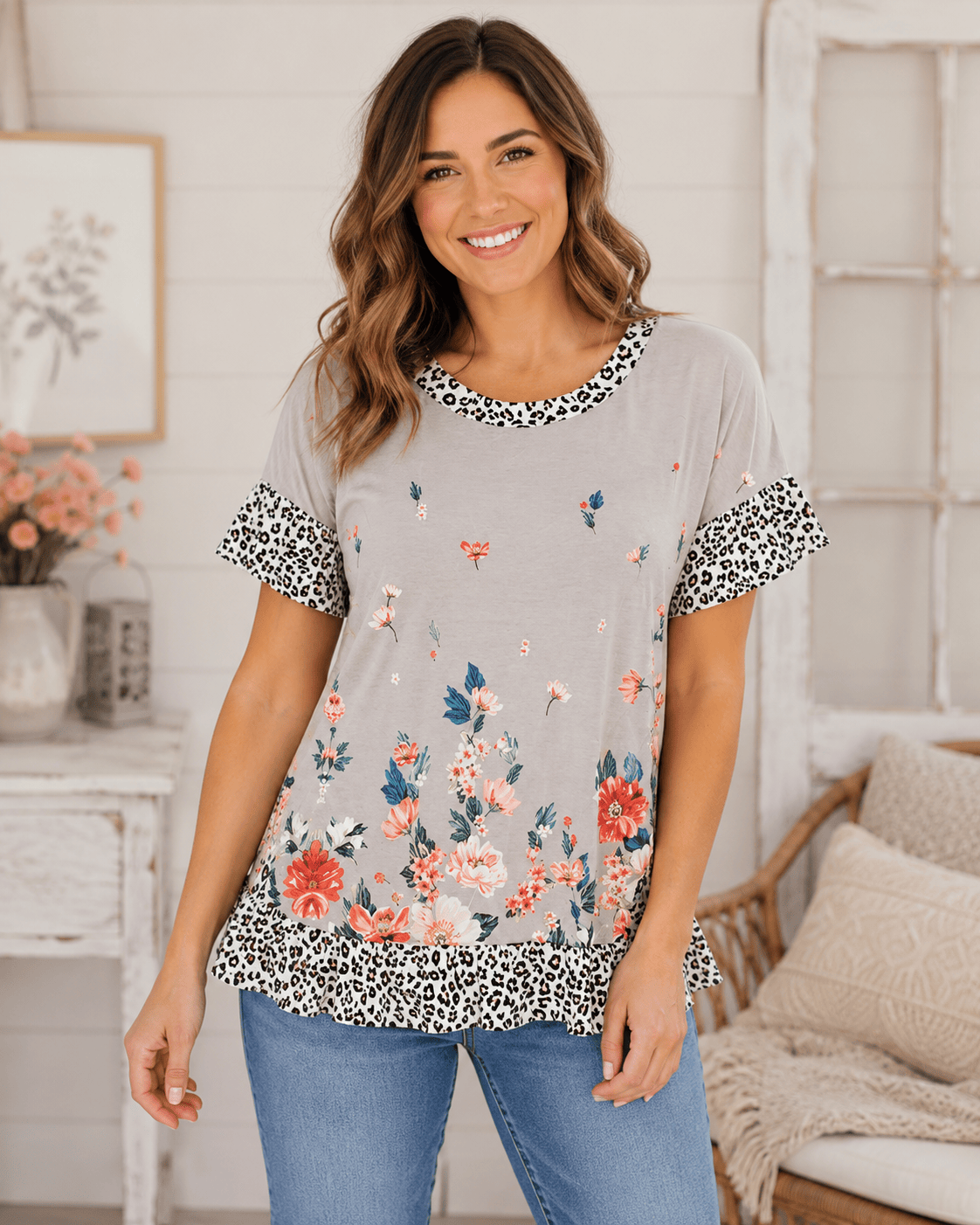 ILTEX Apparel Women's Clothing Floral Cheetah Gray Tunic Top