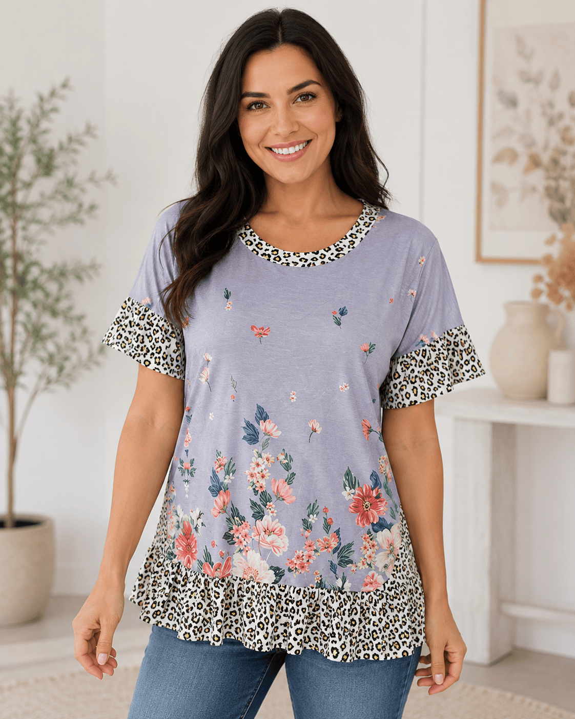 ILTEX Apparel Women's Clothing Floral Cheetah Lavender Tunic Top