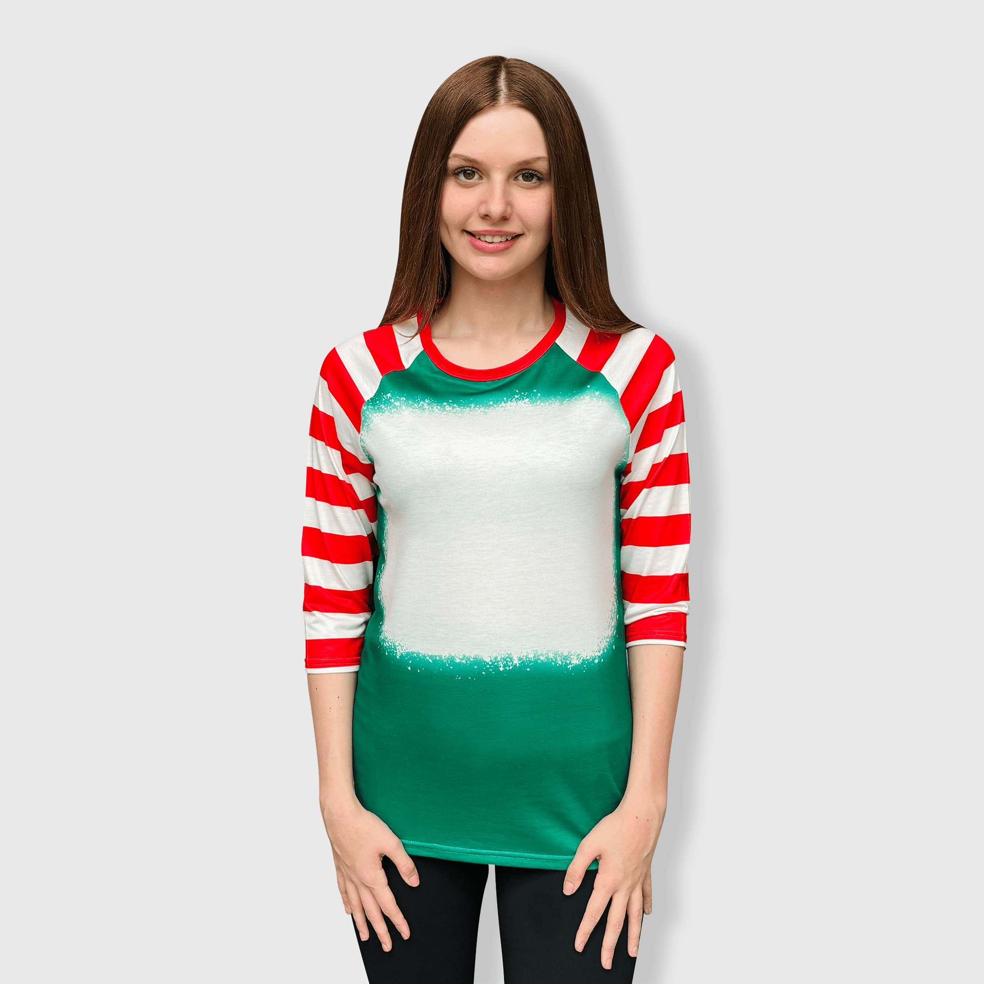 ILTEX Apparel Women's Clothing Green Red Candy Cane Raglan Blank Faux Bleached Top