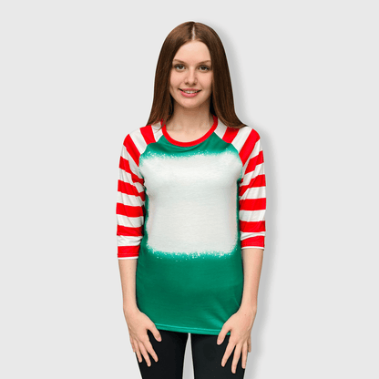ILTEX Apparel Women's Clothing Green Red Candy Cane Raglan Blank Faux Bleached Top