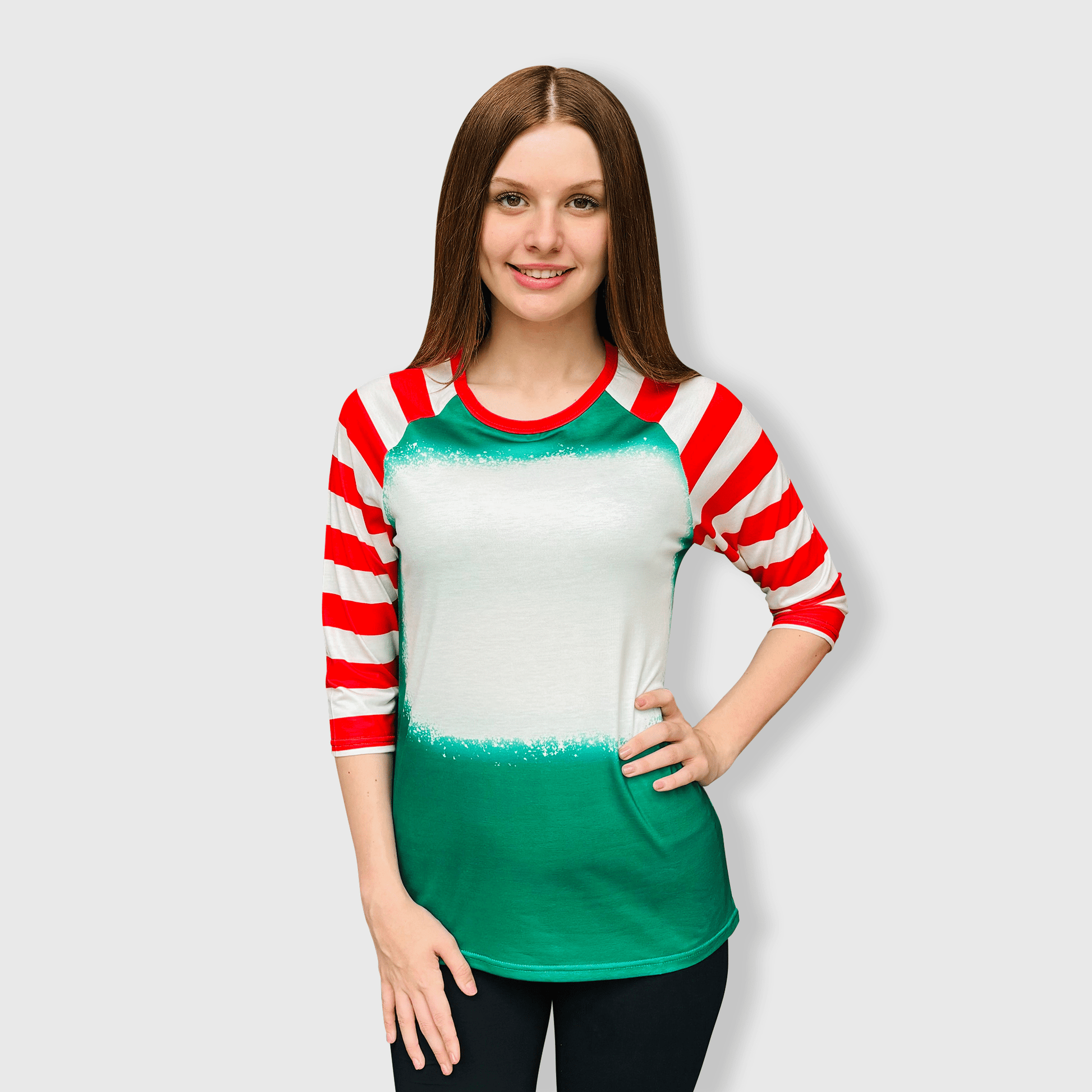 ILTEX Apparel Women's Clothing Green Red Candy Cane Raglan Blank Faux Bleached Top