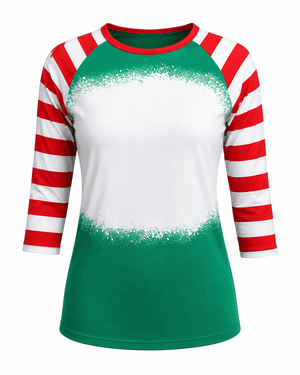 ILTEX Apparel Women's Clothing Green Red Candy Cane Raglan Blank Faux Bleached Top