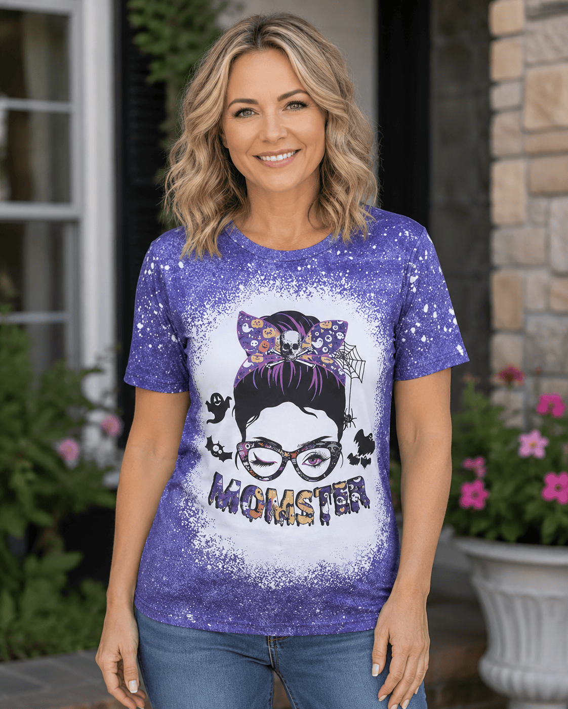 ILTEX Apparel Women's Clothing Halloween 'Momster' Purple Bleached Top