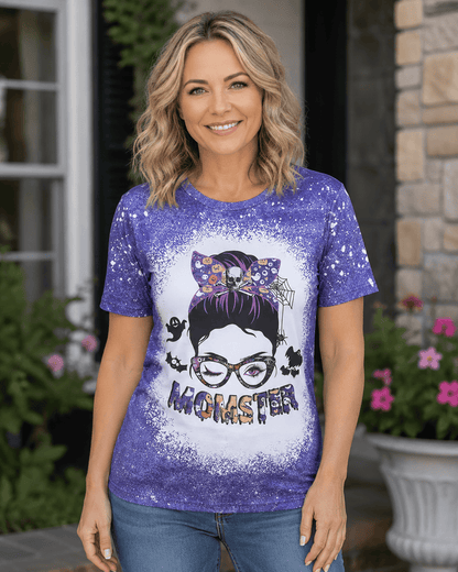 ILTEX Apparel Women's Clothing Halloween 'Momster' Purple Bleached Top
