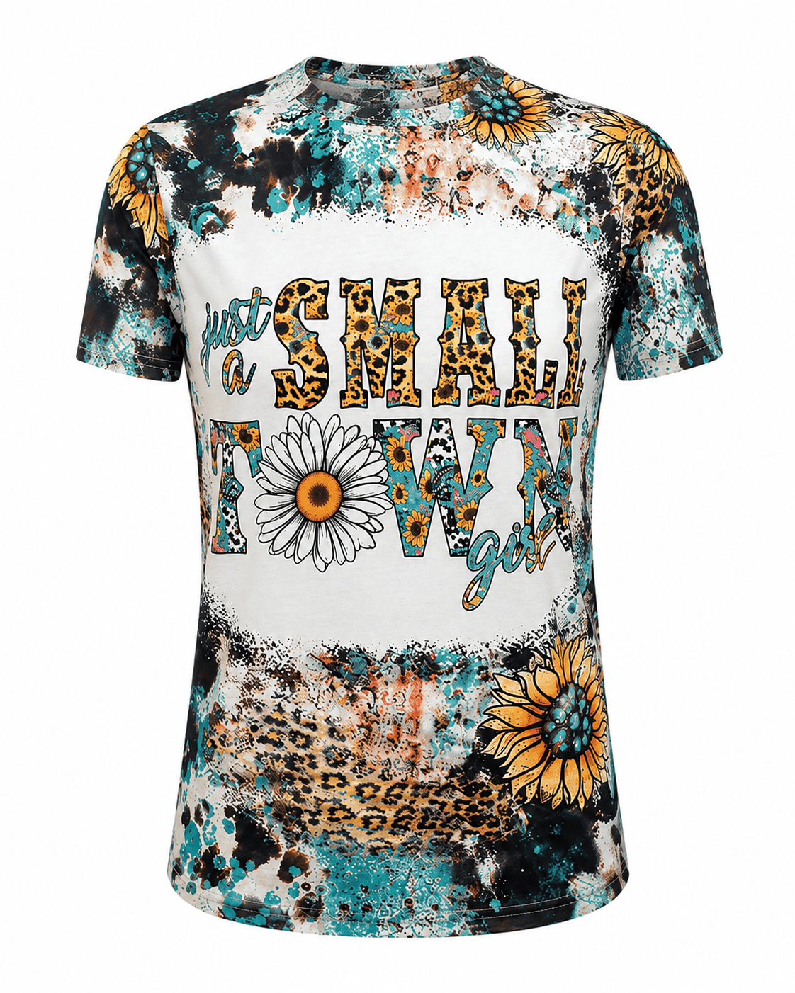 ILTEX Apparel Women's Clothing Just A Small Town Girl Sunflower Cheetah Faux Bleached Top