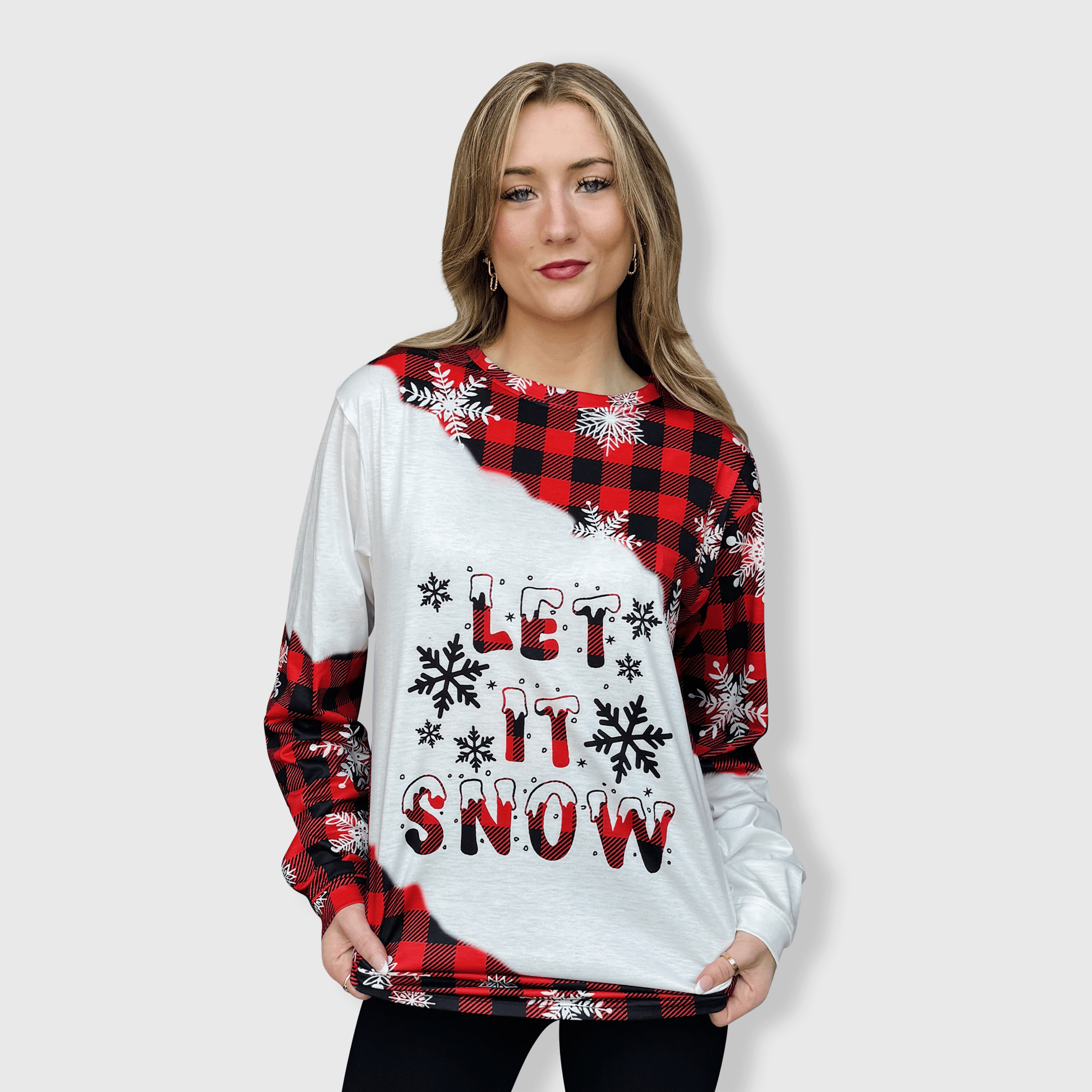 ILTEX Apparel Women's Clothing Let It Snow Buffalo Plaid Long Sleeve Top