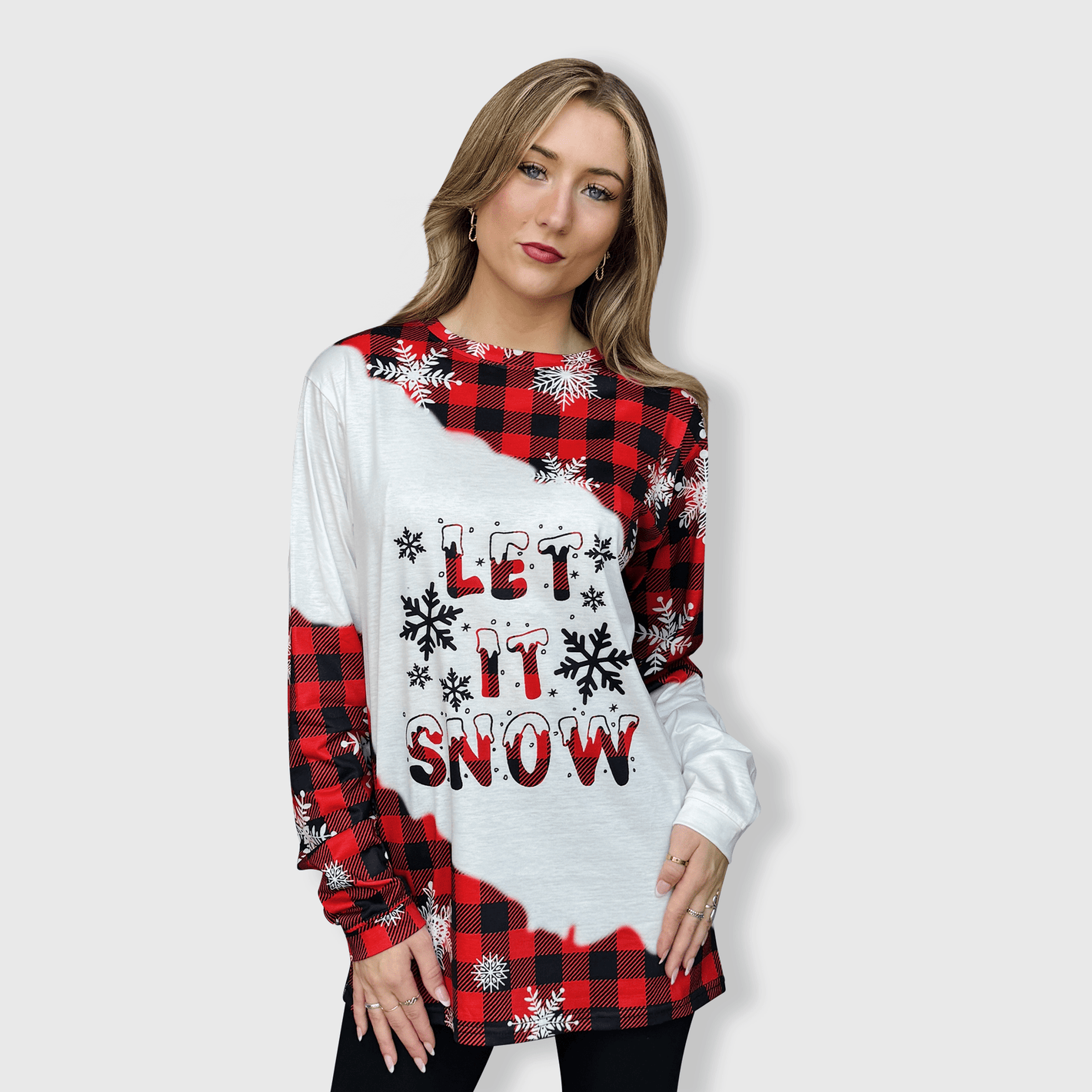 ILTEX Apparel Women's Clothing Let It Snow Buffalo Plaid Long Sleeve Top