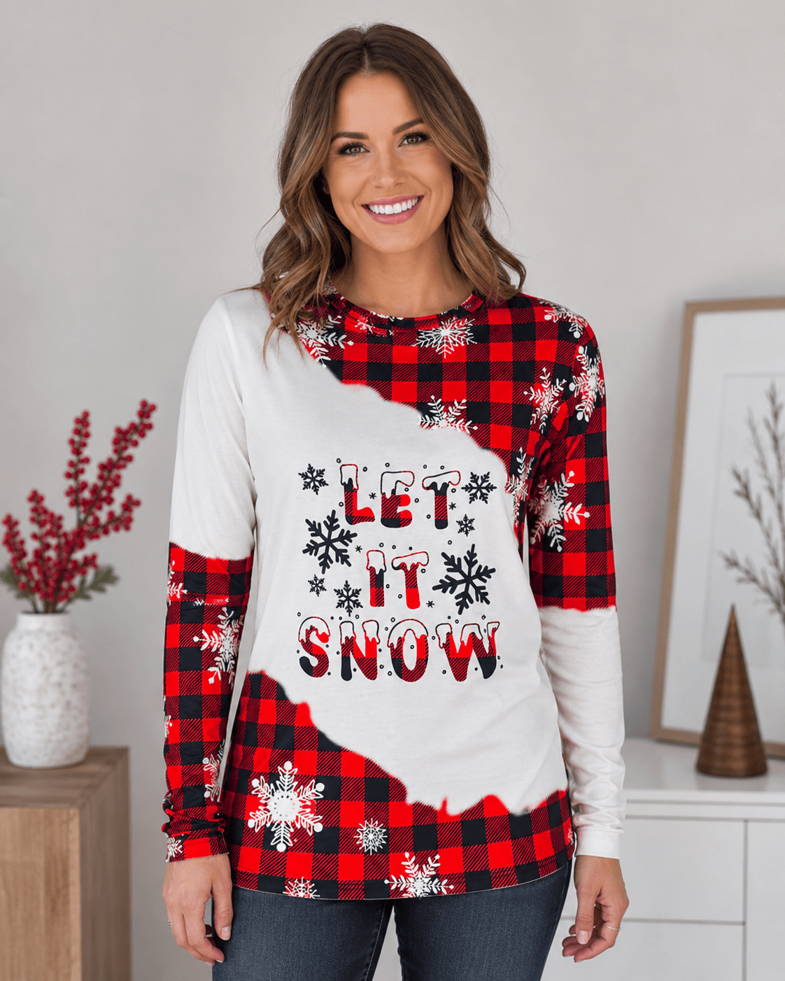 ILTEX Apparel Women's Clothing Let It Snow Buffalo Plaid Long Sleeve Top