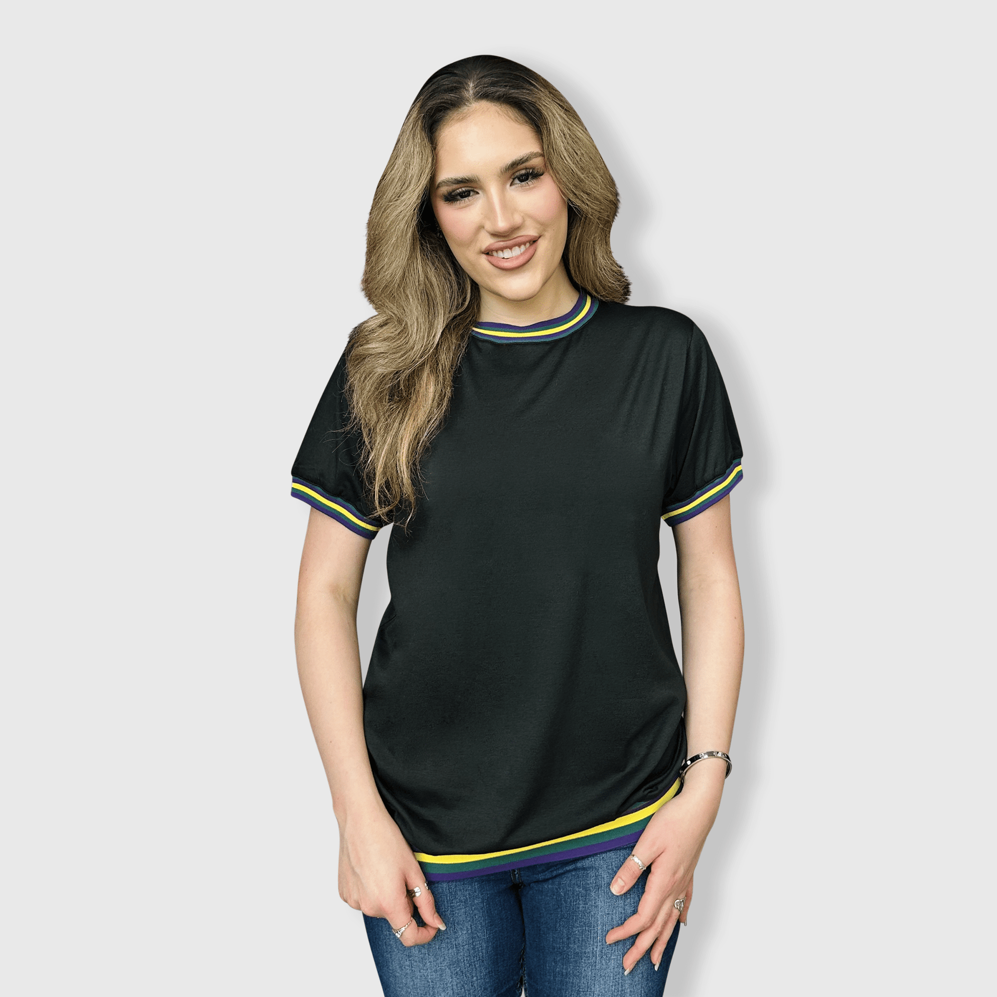 ILTEX Apparel Women's Clothing Mardi Gras Black Ringer Tee