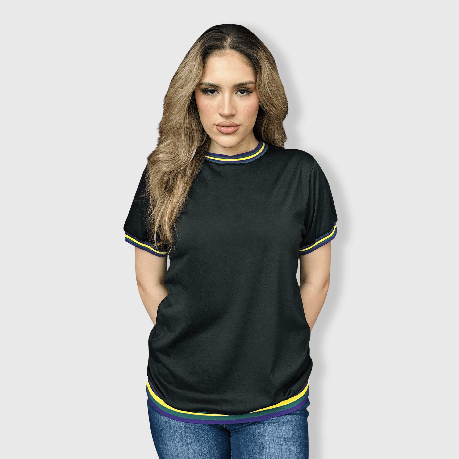 ILTEX Apparel Women's Clothing Mardi Gras Black Ringer Tee