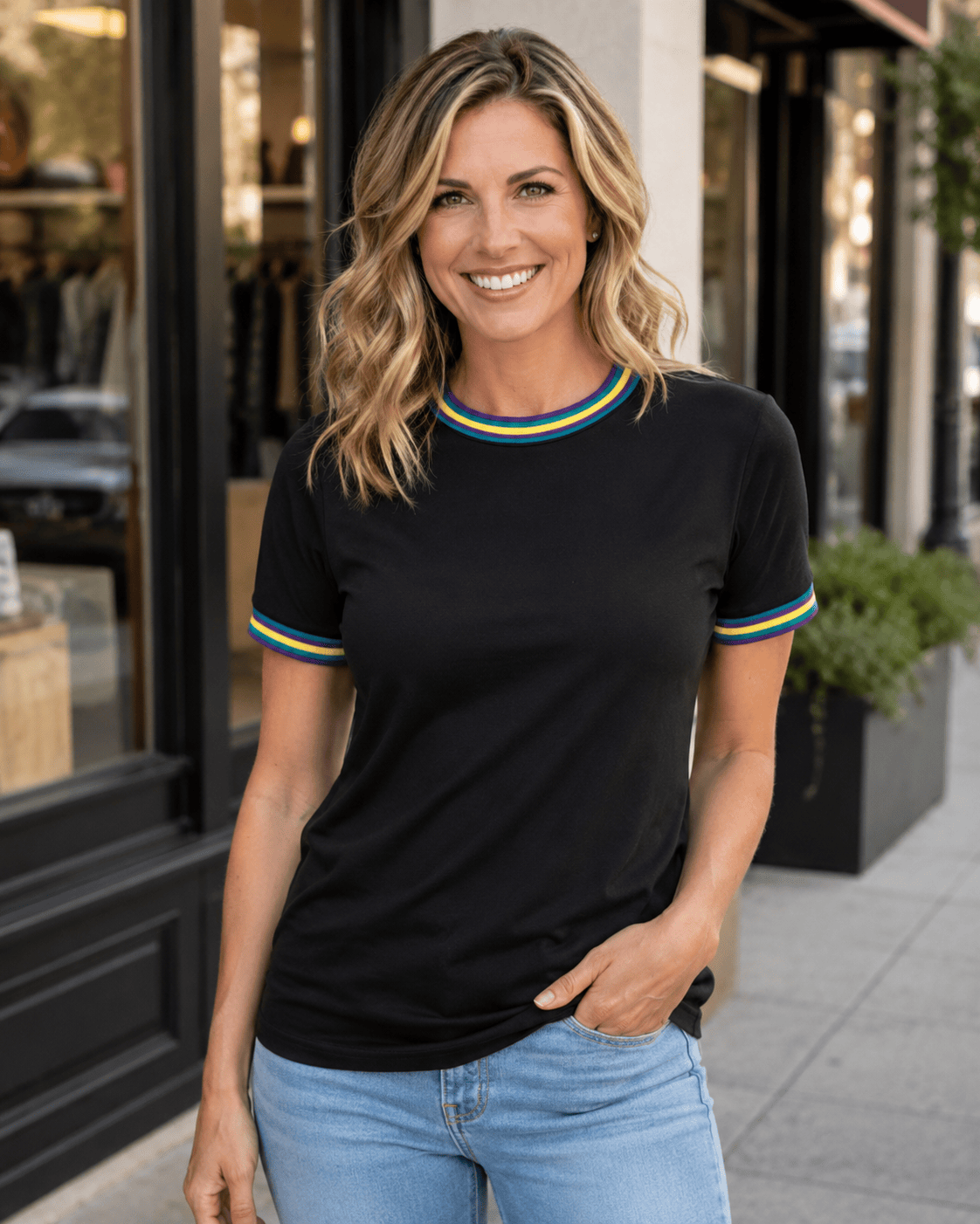 ILTEX Apparel Women's Clothing Mardi Gras Black Ringer Tee