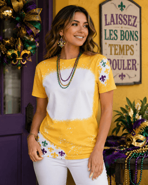 ILTEX Apparel Women's Clothing Mardi Gras Gold Fleur De Lis Blank Faux Bleached Top