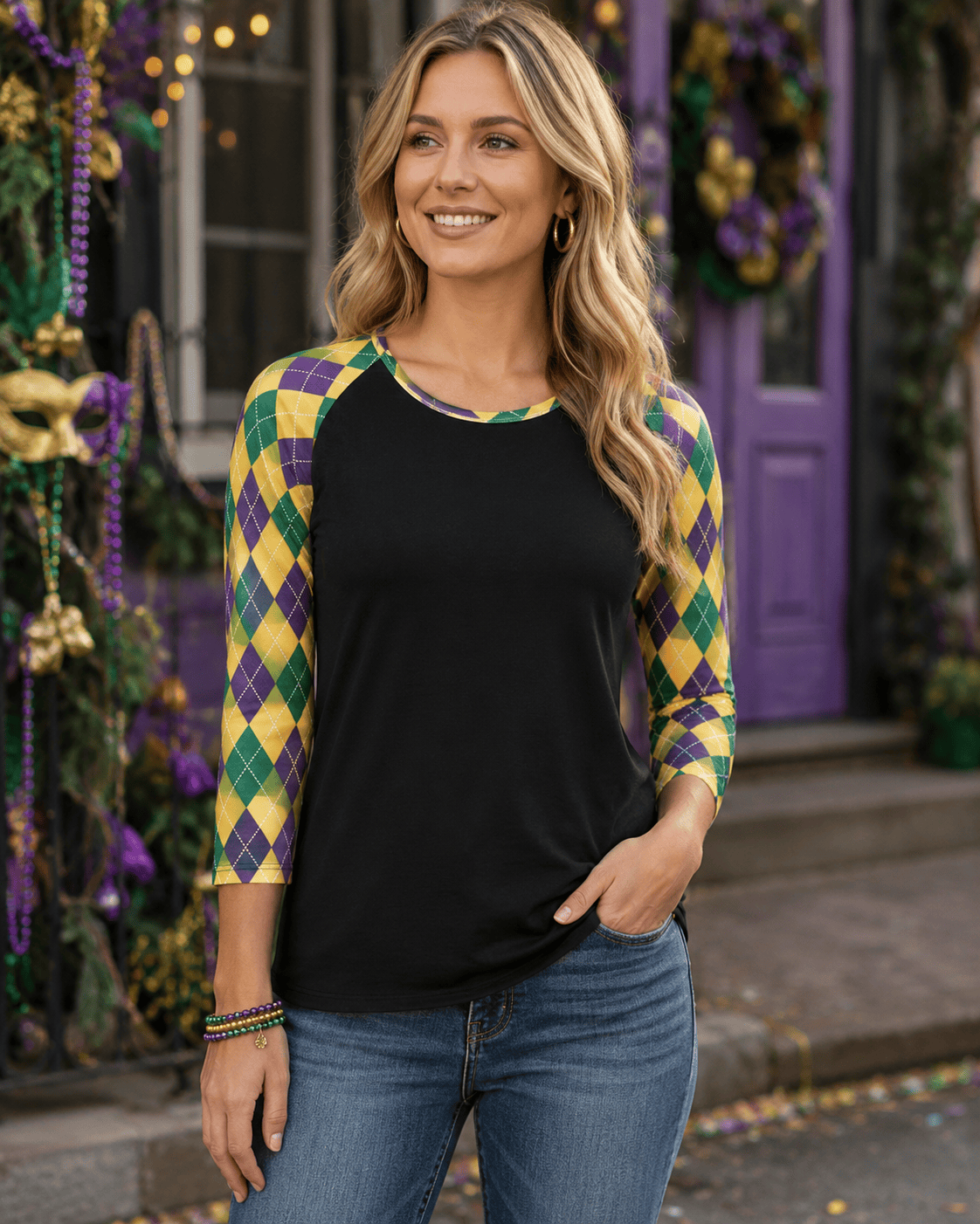ILTEX Apparel Women's Clothing Mardi Gras Harlequin Diamond Black Top