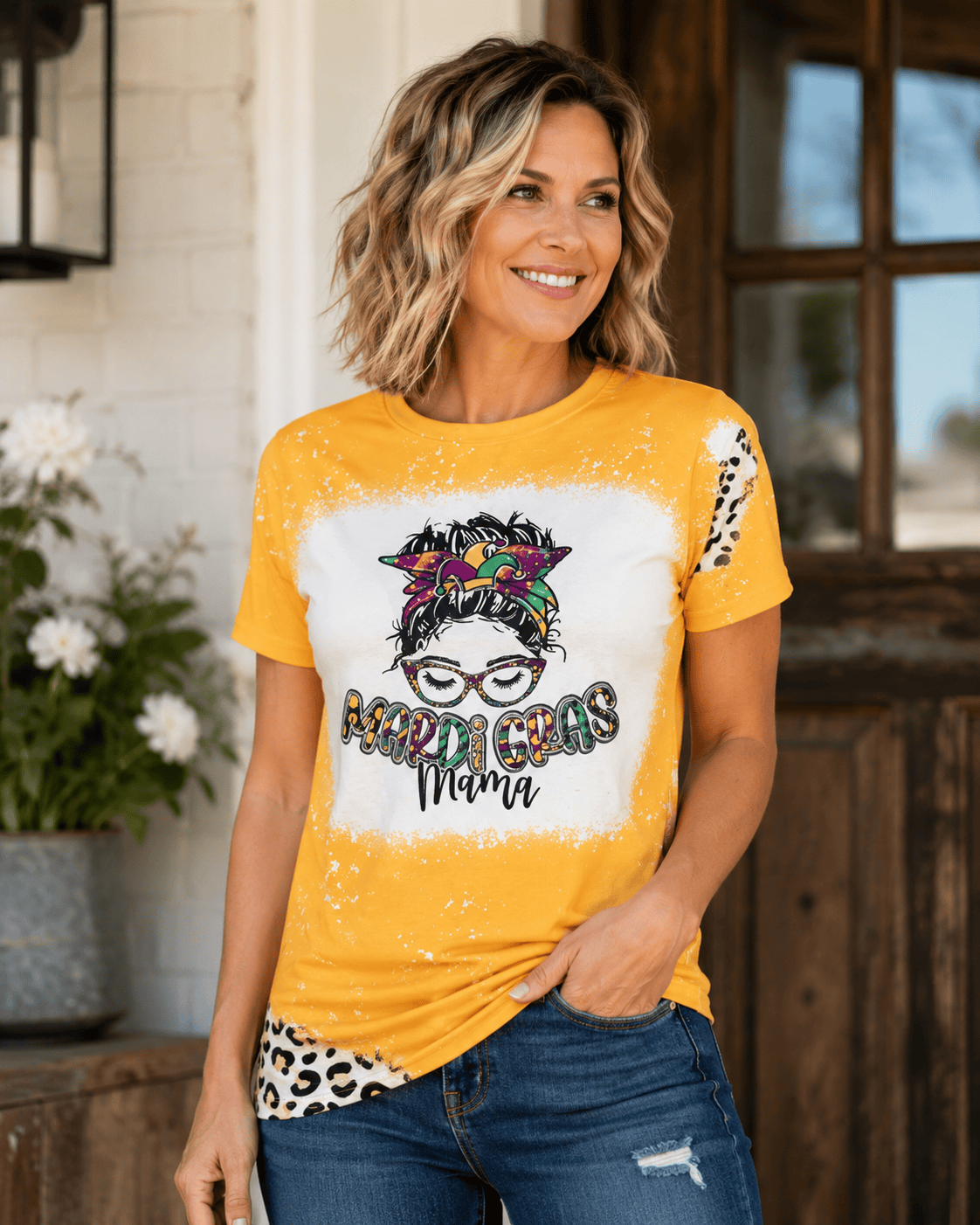 ILTEX Apparel Women's Clothing Mardi Gras Mama Gold Faux Bleached Top