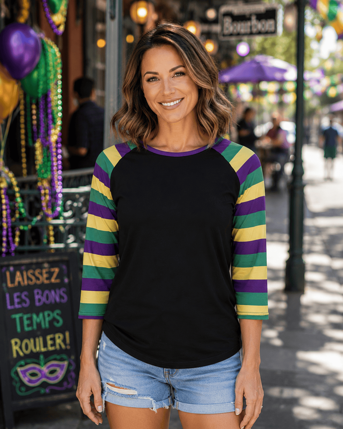 ILTEX Apparel Women's Clothing Mardi Gras Striped Black Top