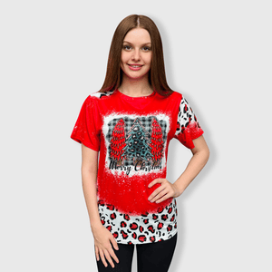 ILTEX Apparel Women's Clothing Merry Christmas Red Cheetah Short Sleeve Top