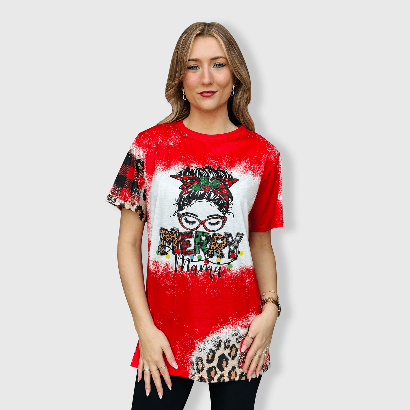 ILTEX Apparel Women's Clothing Merry Mama Red Plaid Cheetah Short Sleeve Top