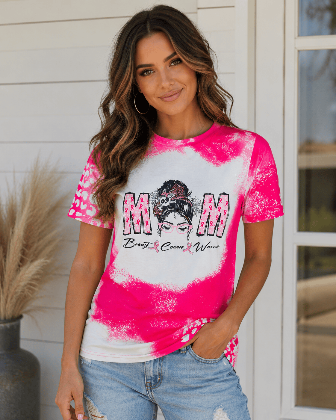 ILTEX Apparel Women's Clothing Messy Bun 'Breast Cancer ' Pink Cheetah Bleached Top