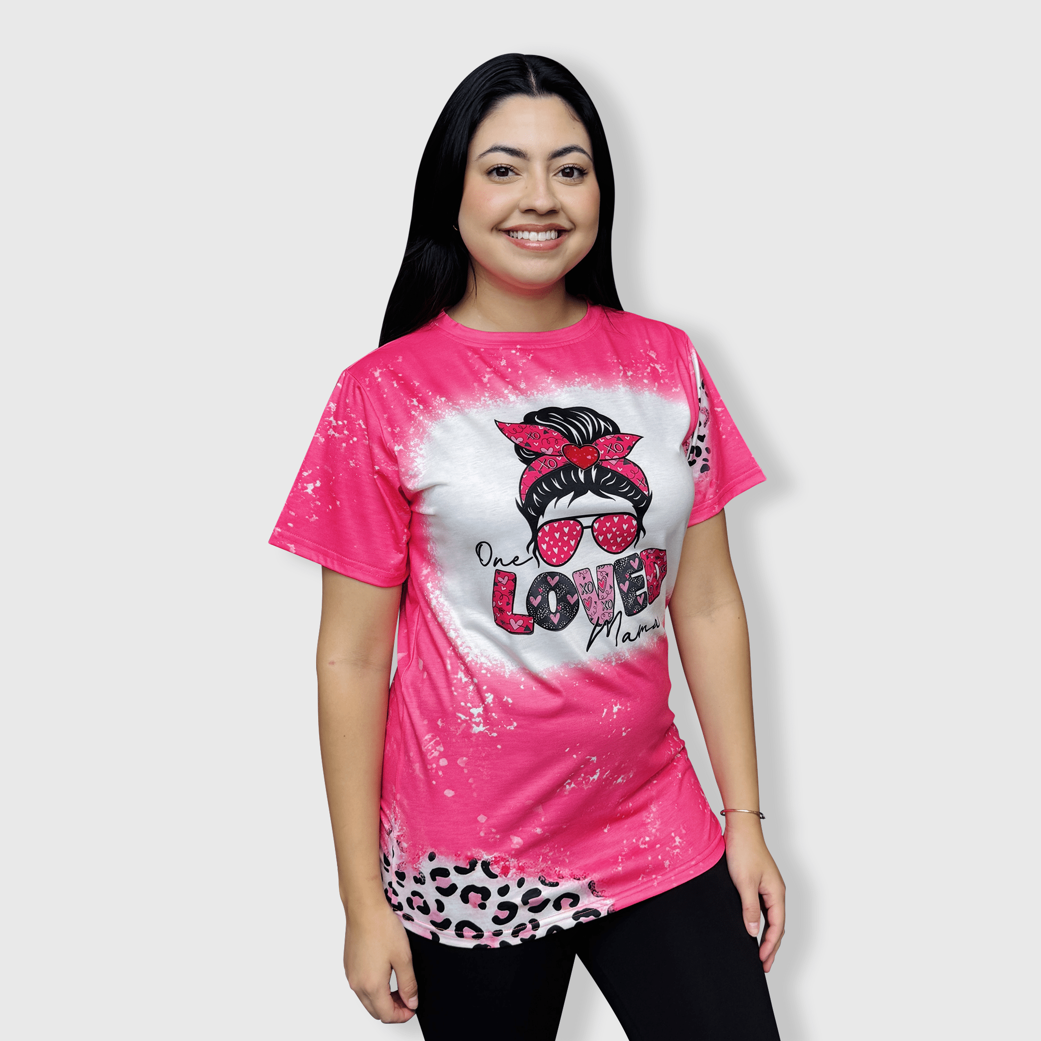 ILTEX Apparel Women's Clothing 'One Loved Mama' Cheetah Pink Faux Bleached Top