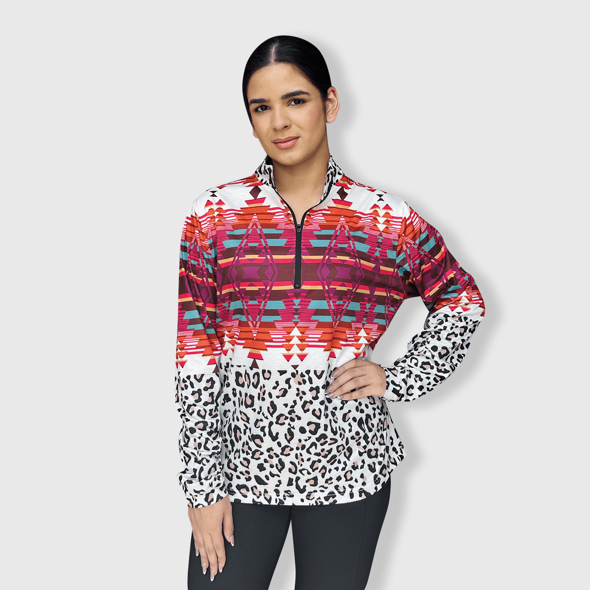 ILTEX Apparel Women's Clothing QZ1001 - Aztec White Cheetah Quarter Zip Top