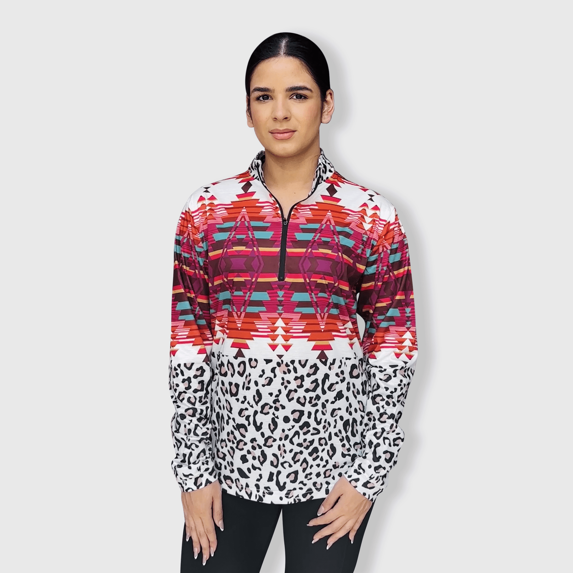 ILTEX Apparel Women's Clothing QZ1001 - Aztec White Cheetah Quarter Zip Top